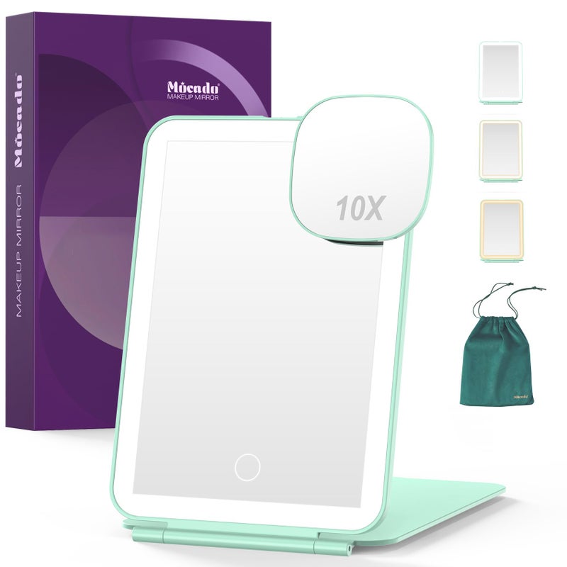 Mocado LED Foldable Travel Makeup Mirror  5x7 inches3 Colors Light Modes USB Rechargeable Touch Screen Portable Tabletop Cosmetic Mirror for Travel Cosmetic Office Green